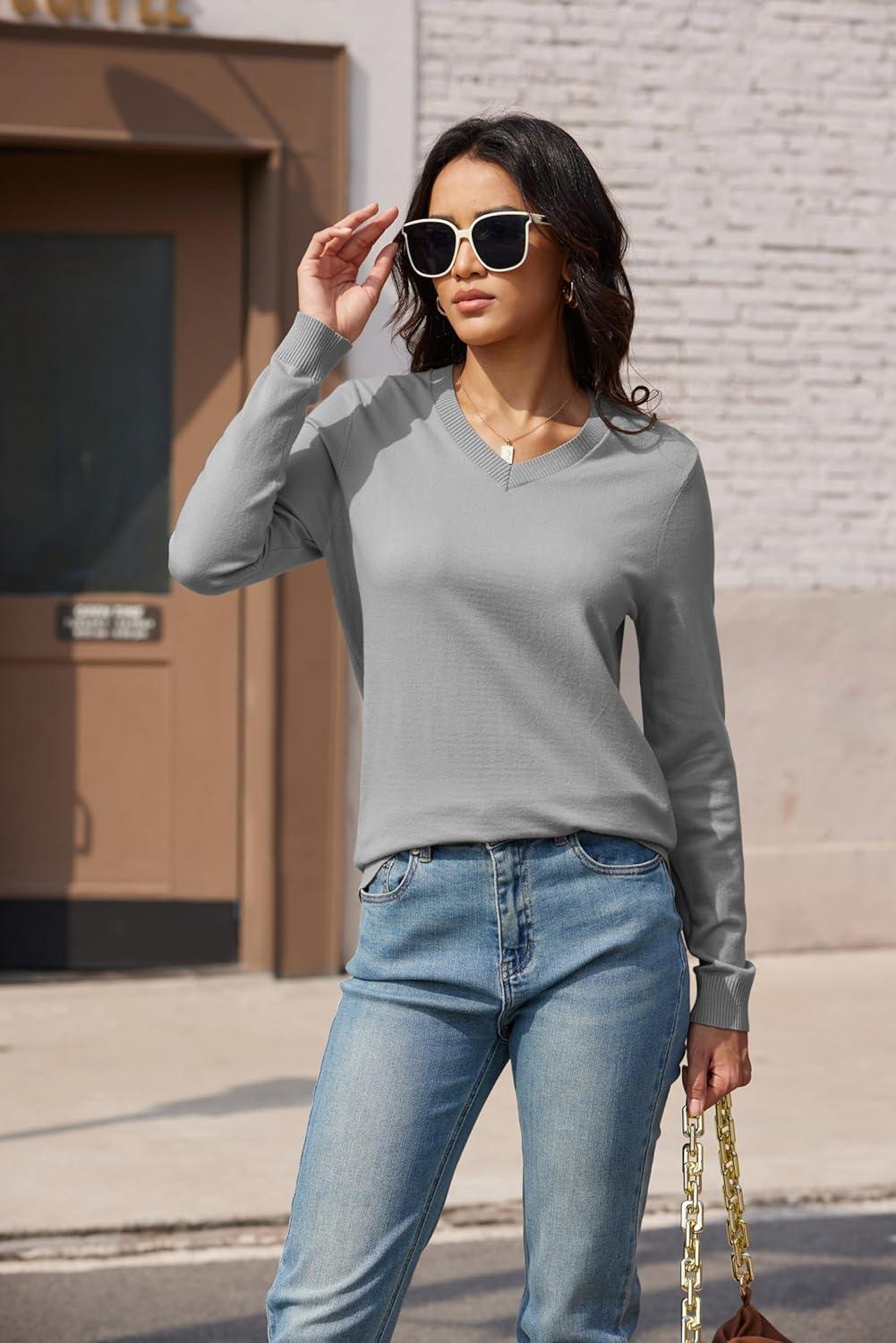 imageMAGCOMSEN Womens V Neck Sweater 2025 Spring Casual Long Sleeve Tops Knit Lightweight Pullover Sweaters JumperLight Grey