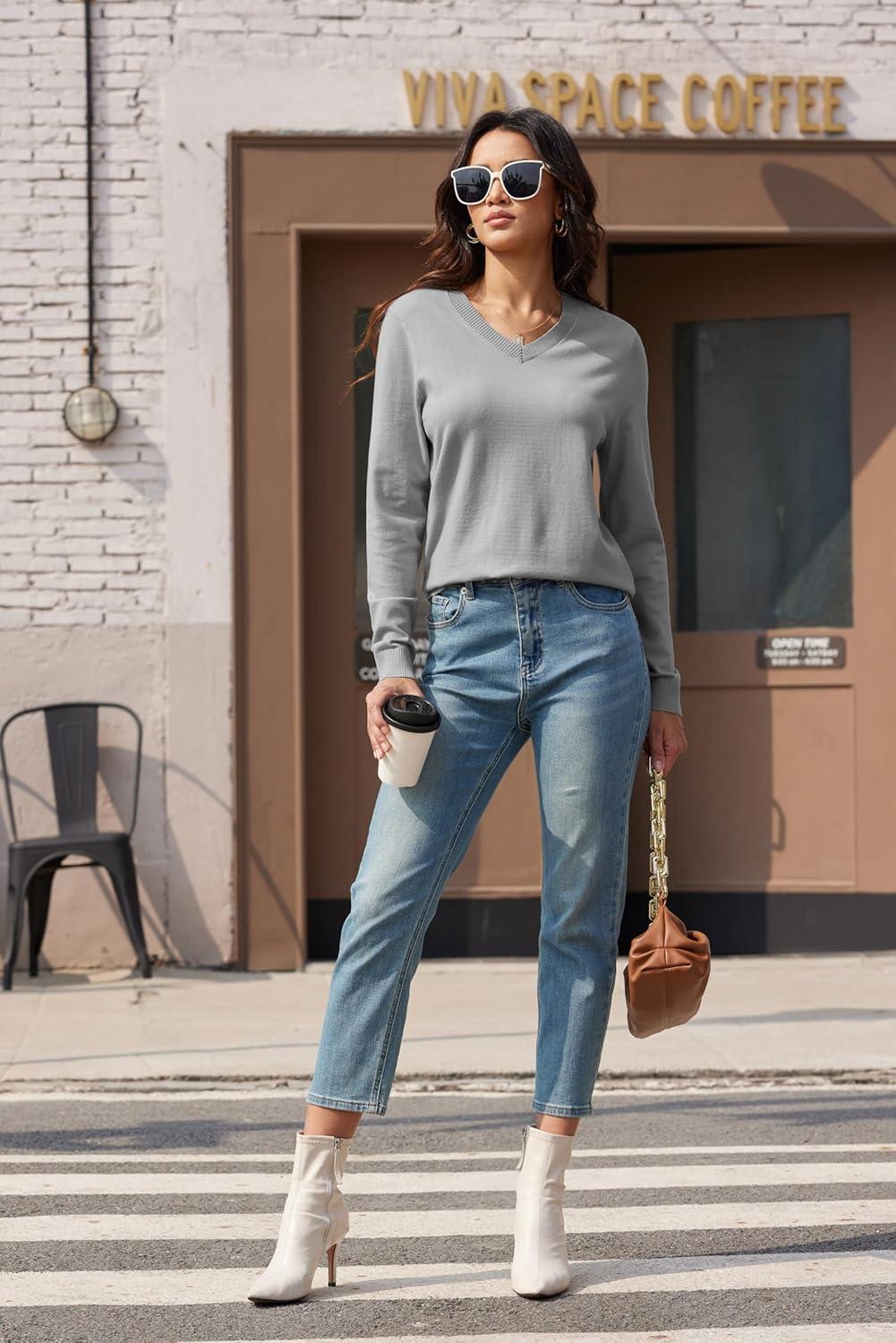 imageMAGCOMSEN Womens V Neck Sweater 2025 Spring Casual Long Sleeve Tops Knit Lightweight Pullover Sweaters JumperLight Grey