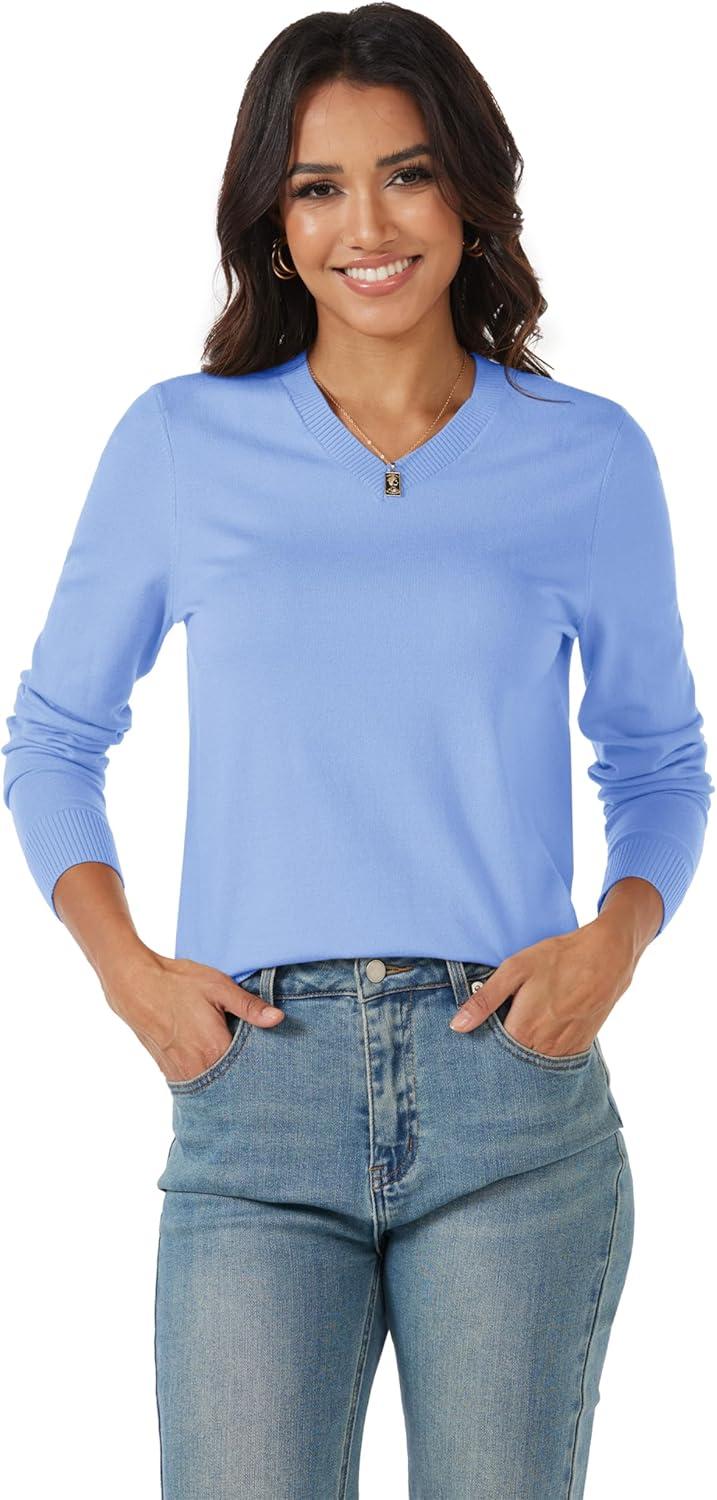 imageMAGCOMSEN Womens V Neck Sweater 2025 Spring Casual Long Sleeve Tops Knit Lightweight Pullover Sweaters JumperPale Blue