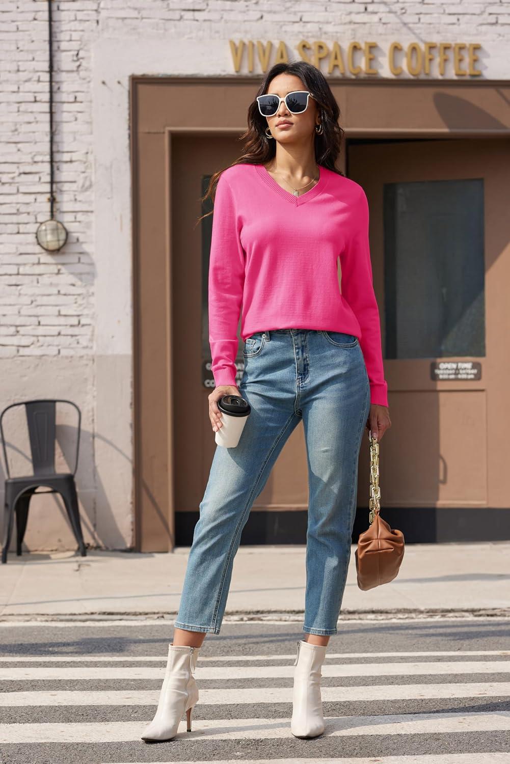 imageMAGCOMSEN Womens V Neck Sweater 2025 Spring Casual Long Sleeve Tops Knit Lightweight Pullover Sweaters JumperRose Red