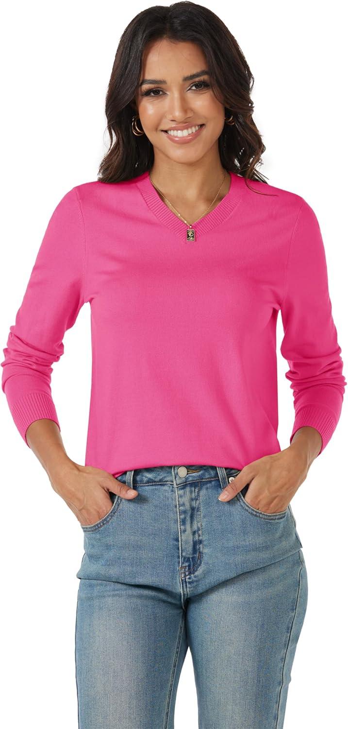 imageMAGCOMSEN Womens V Neck Sweater 2025 Spring Casual Long Sleeve Tops Knit Lightweight Pullover Sweaters JumperRose Red