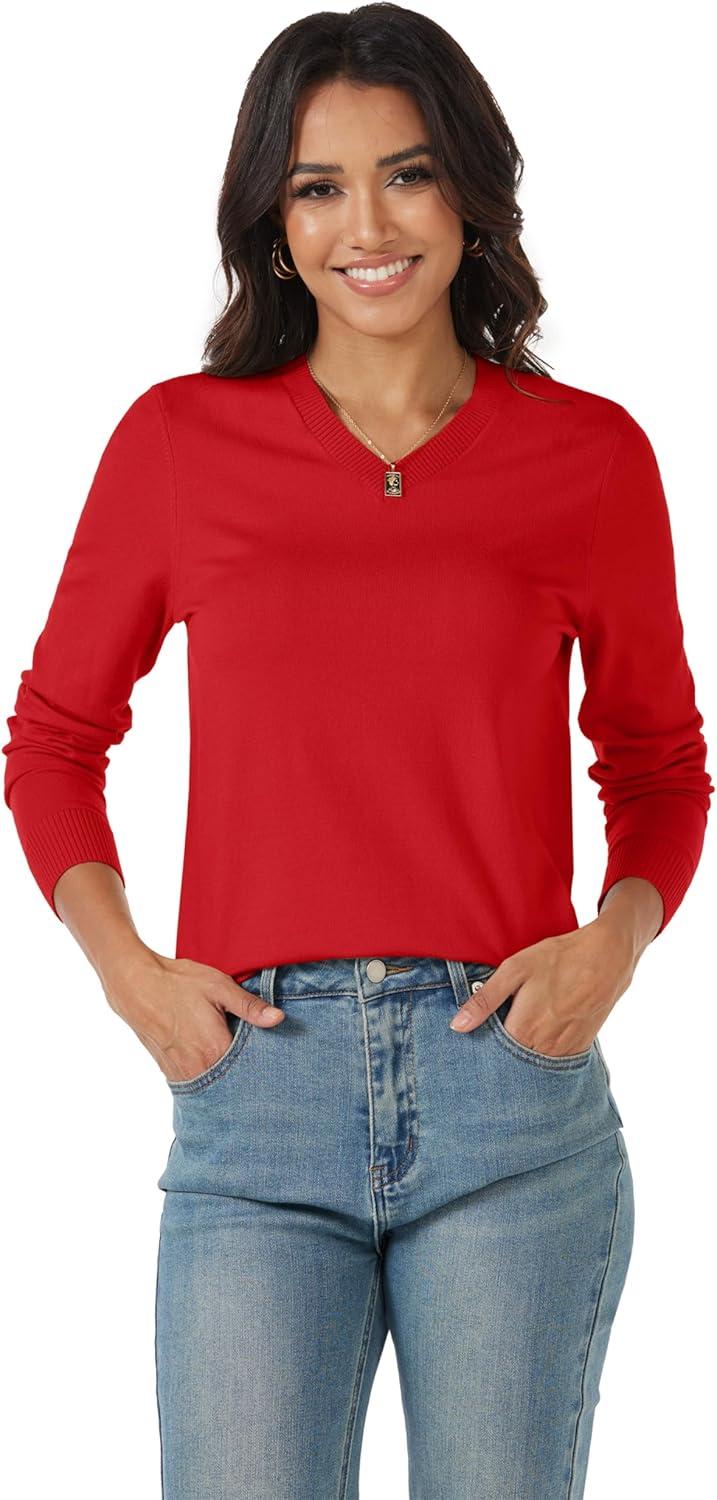 imageMAGCOMSEN Womens V Neck Sweater 2025 Spring Casual Long Sleeve Tops Knit Lightweight Pullover Sweaters JumperTomato Red