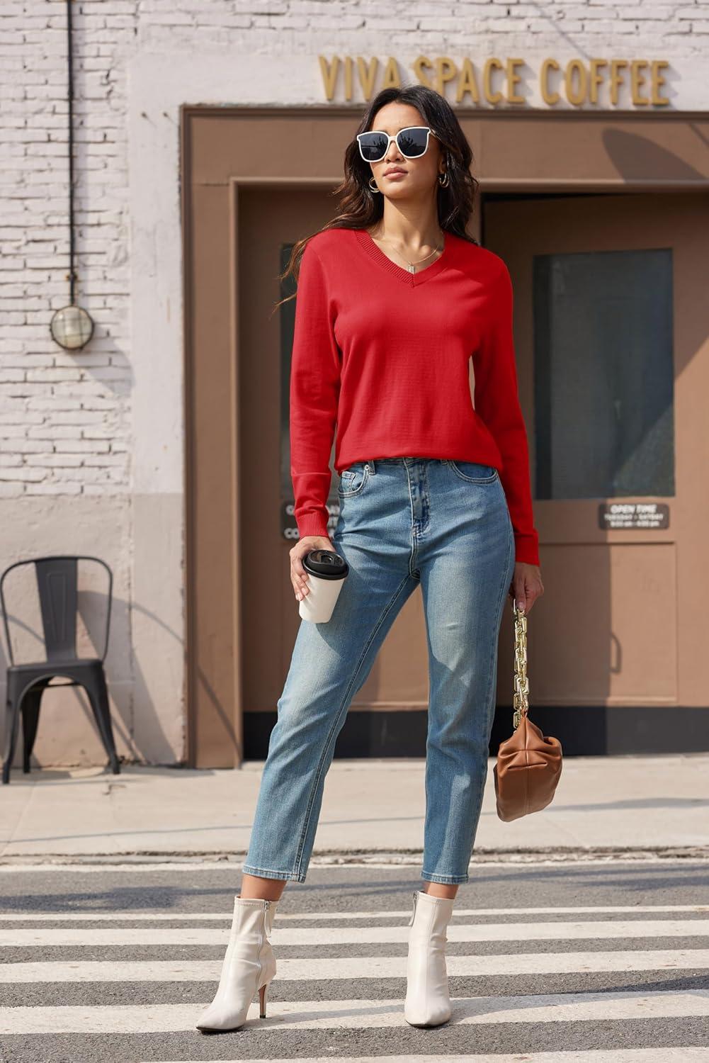 imageMAGCOMSEN Womens V Neck Sweater 2025 Spring Casual Long Sleeve Tops Knit Lightweight Pullover Sweaters JumperTomato Red