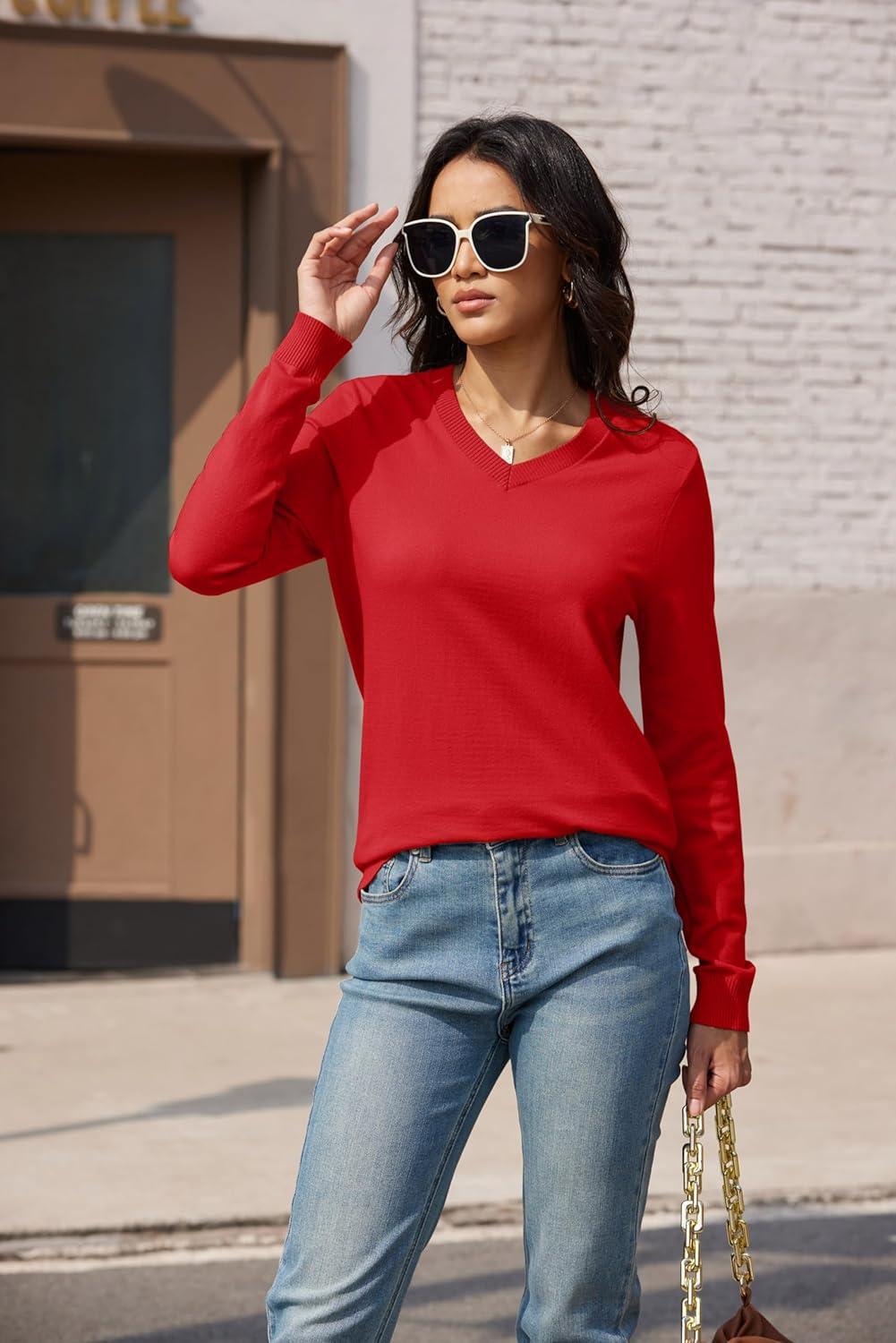 imageMAGCOMSEN Womens V Neck Sweater 2025 Spring Casual Long Sleeve Tops Knit Lightweight Pullover Sweaters JumperTomato Red