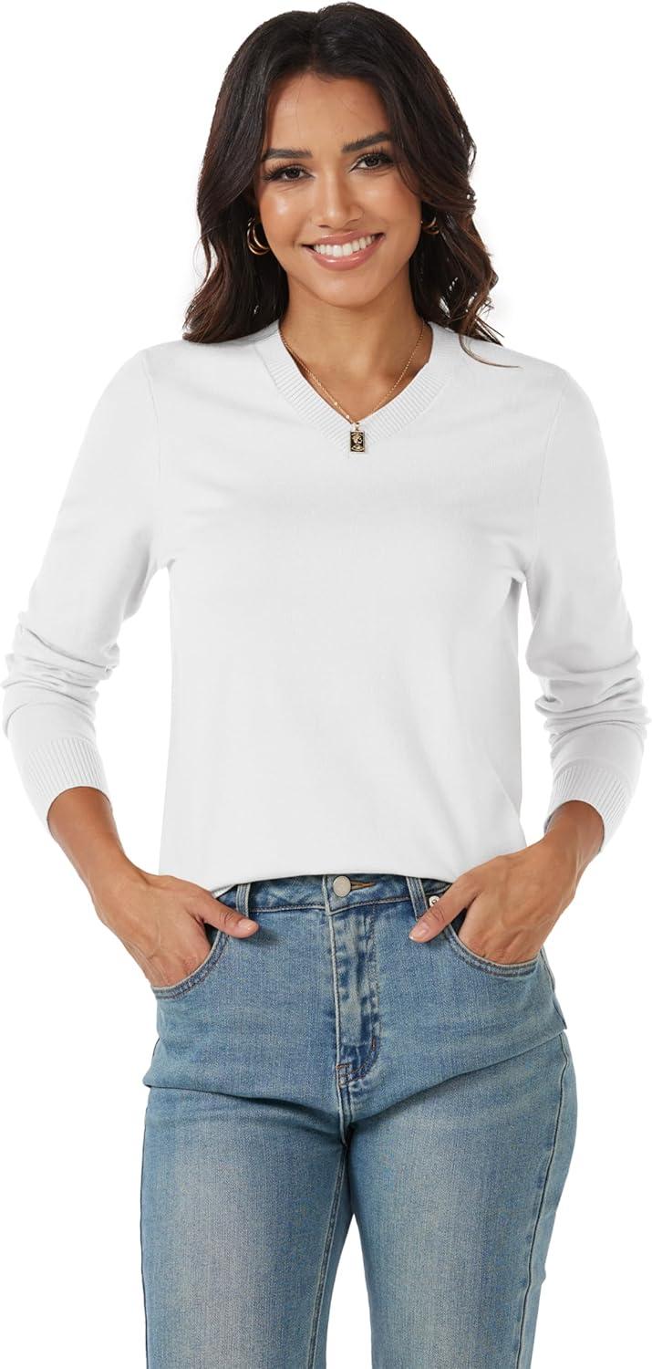 imageMAGCOMSEN Womens V Neck Sweater 2025 Spring Casual Long Sleeve Tops Knit Lightweight Pullover Sweaters JumperWhite