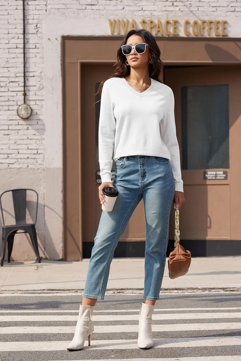 imageMAGCOMSEN Womens V Neck Sweater 2025 Spring Casual Long Sleeve Tops Knit Lightweight Pullover Sweaters JumperWhite