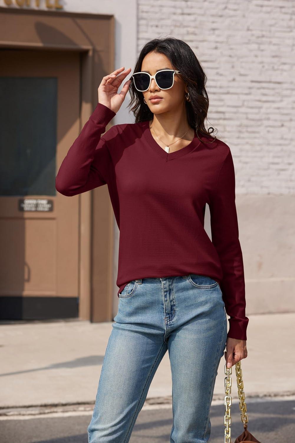 imageMAGCOMSEN Womens V Neck Sweater 2025 Spring Casual Long Sleeve Tops Knit Lightweight Pullover Sweaters JumperWine Red