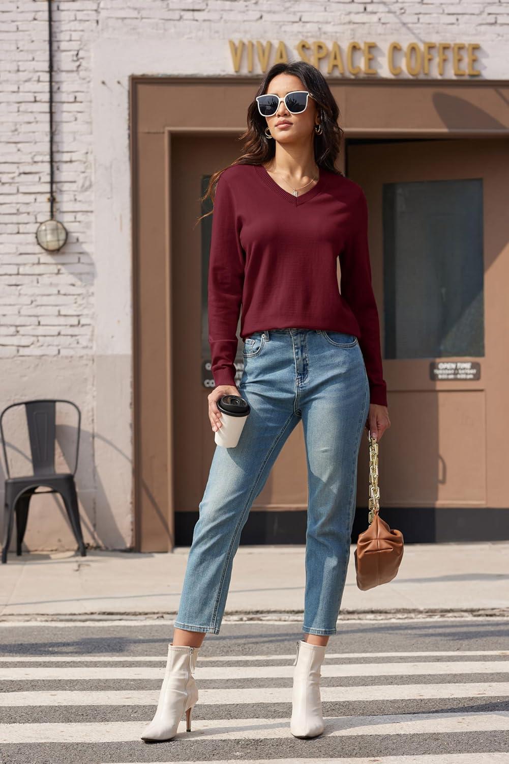 imageMAGCOMSEN Womens V Neck Sweater 2025 Spring Casual Long Sleeve Tops Knit Lightweight Pullover Sweaters JumperWine Red