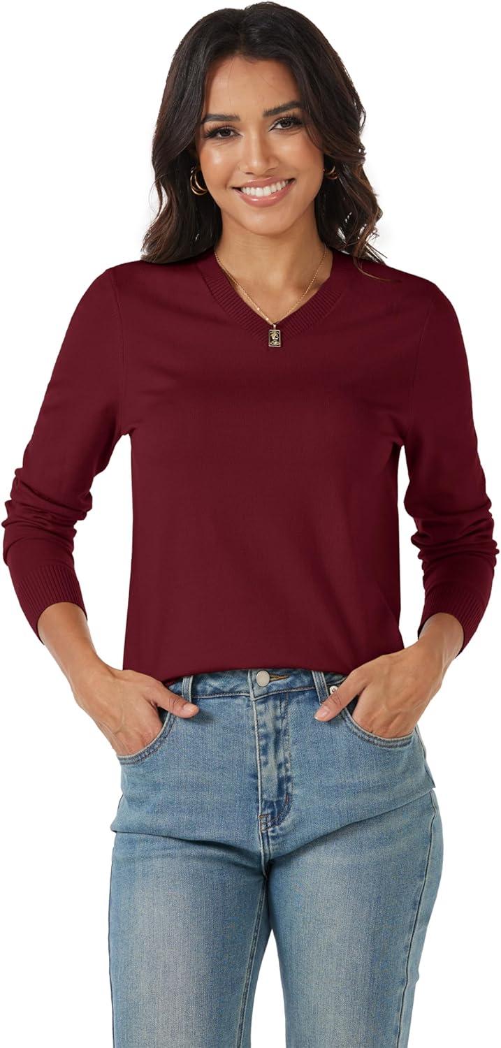 imageMAGCOMSEN Womens V Neck Sweater 2025 Spring Casual Long Sleeve Tops Knit Lightweight Pullover Sweaters JumperWine Red