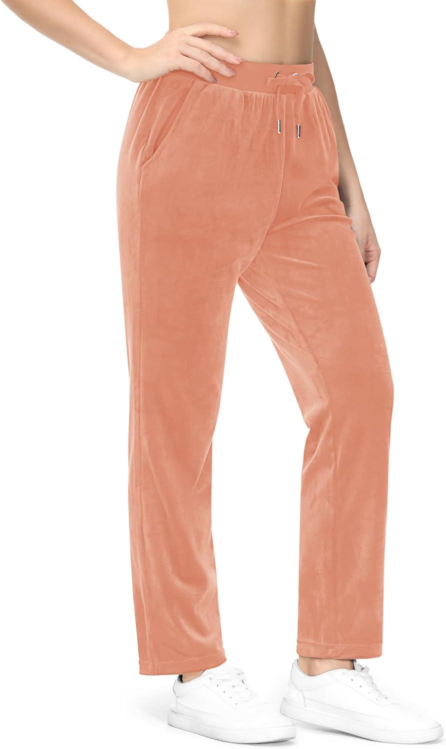 imageMAGCOMSEN Womens Velour Pants Soft Velvet Straight Leg Sweatpants Elastic Waist Warm Lounge Pant with PocketsApricot