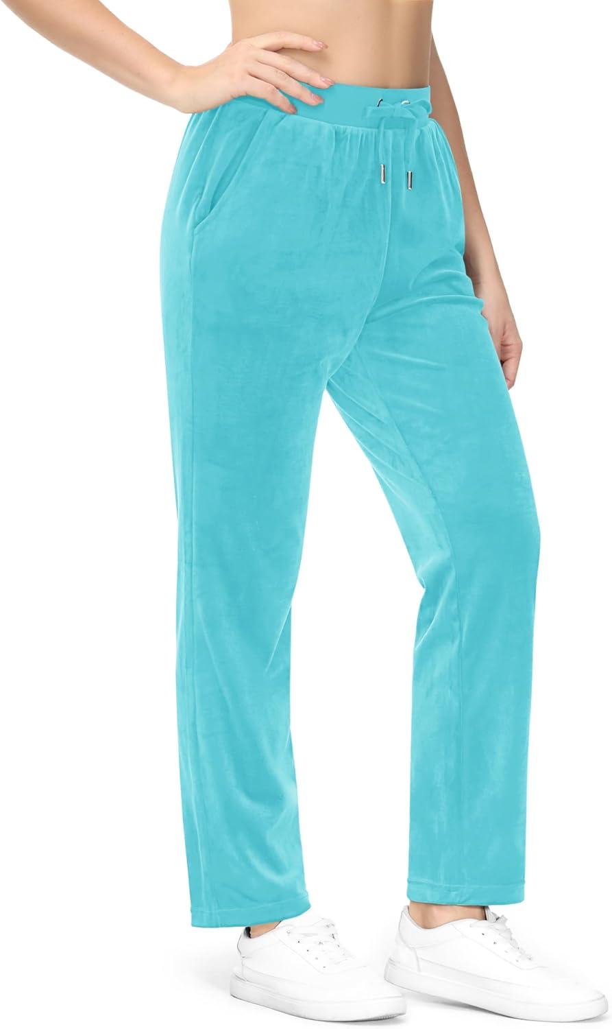 imageMAGCOMSEN Womens Velour Pants Soft Velvet Straight Leg Sweatpants Elastic Waist Warm Lounge Pant with PocketsAqua Blue