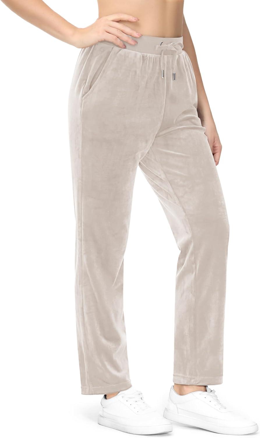 imageMAGCOMSEN Womens Velour Pants Soft Velvet Straight Leg Sweatpants Elastic Waist Warm Lounge Pant with PocketsBeige