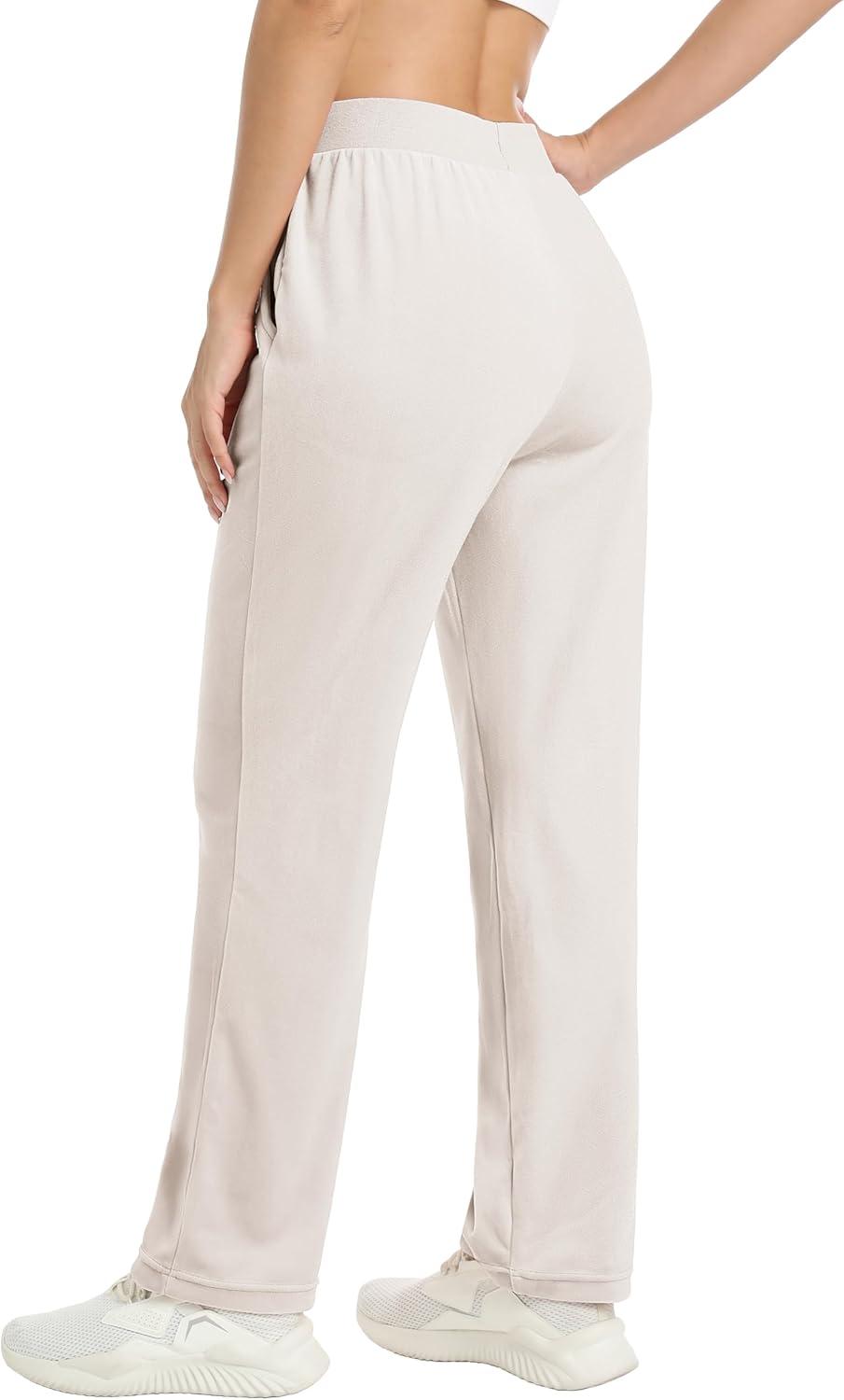 imageMAGCOMSEN Womens Velour Pants Soft Velvet Straight Leg Sweatpants Elastic Waist Warm Lounge Pant with PocketsBeige