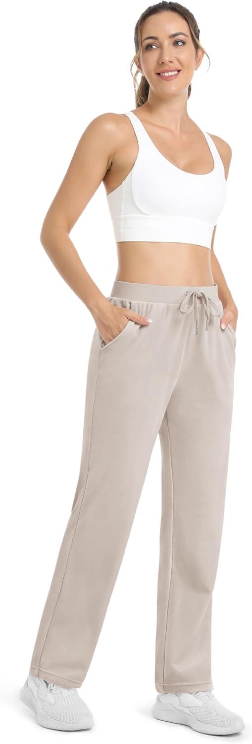 imageMAGCOMSEN Womens Velour Pants Soft Velvet Straight Leg Sweatpants Elastic Waist Warm Lounge Pant with PocketsBeige