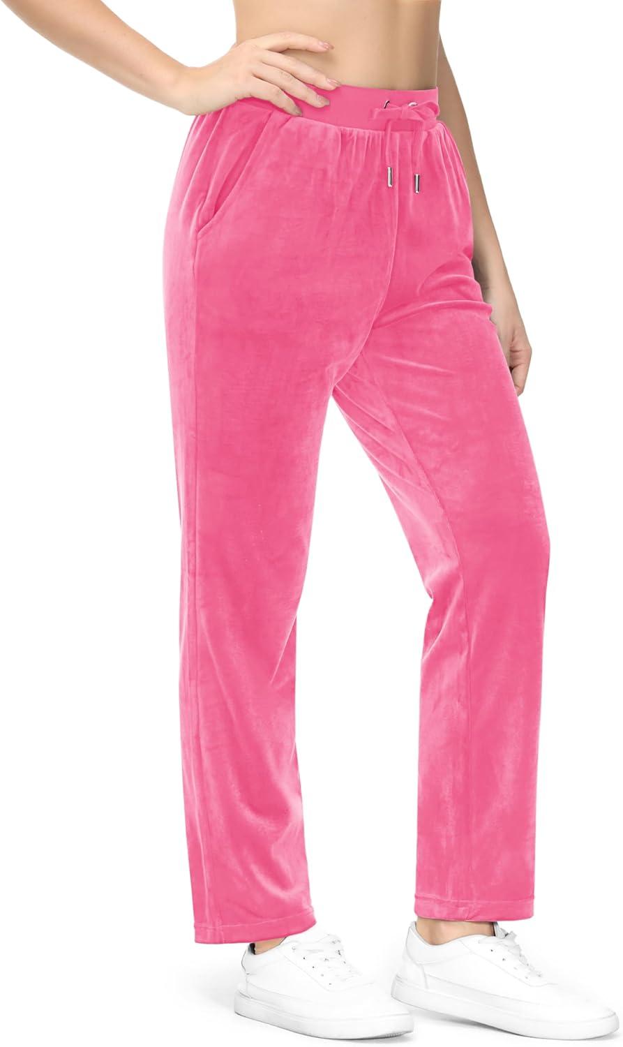 imageMAGCOMSEN Womens Velour Pants Soft Velvet Straight Leg Sweatpants Elastic Waist Warm Lounge Pant with PocketsFluorescent Pink
