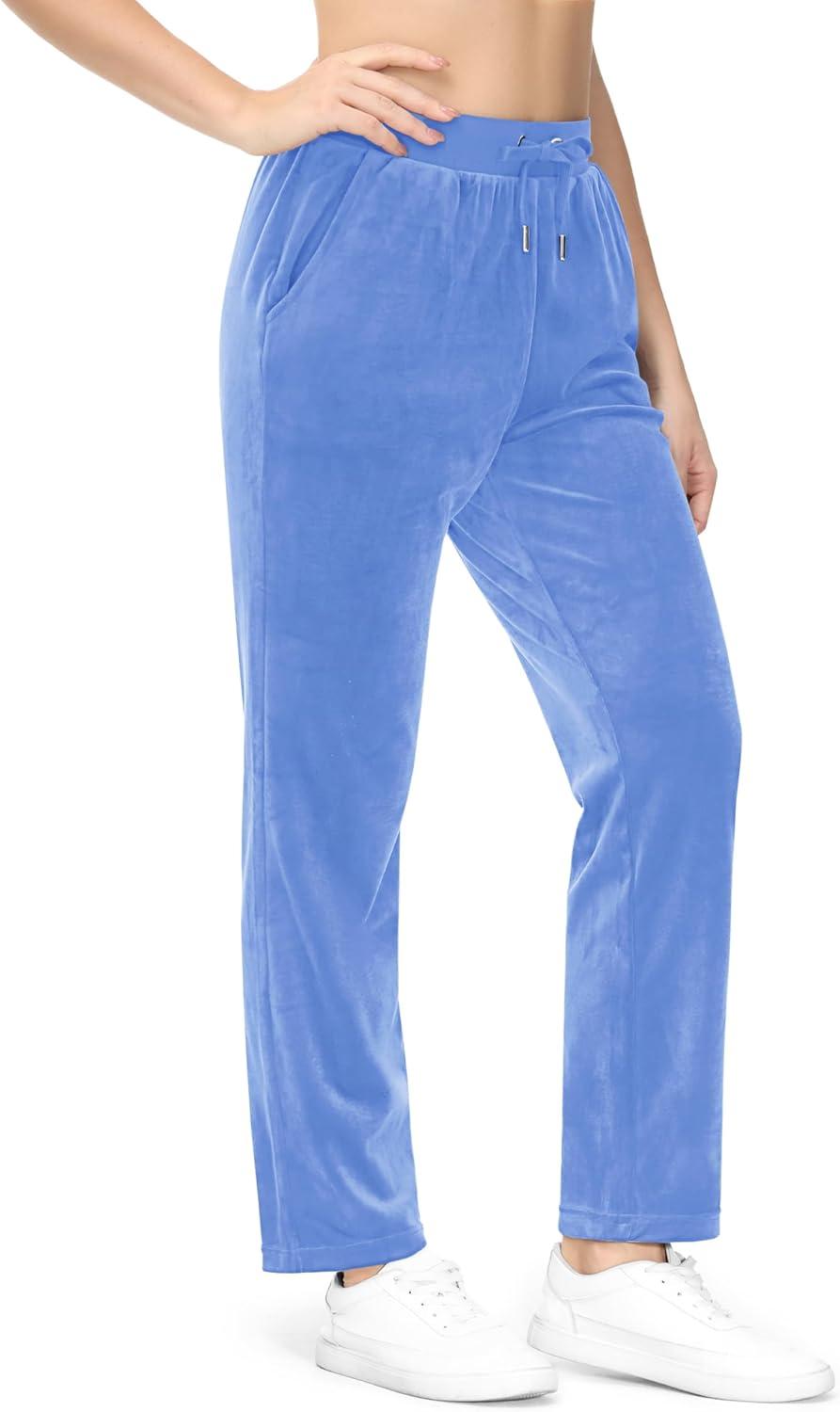 imageMAGCOMSEN Womens Velour Pants Soft Velvet Straight Leg Sweatpants Elastic Waist Warm Lounge Pant with PocketsLight Blue