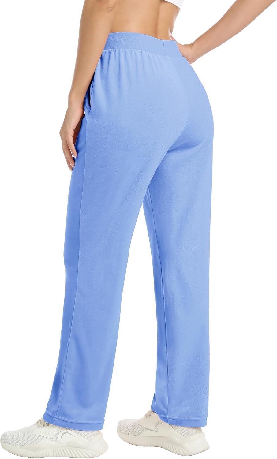 imageMAGCOMSEN Womens Velour Pants Soft Velvet Straight Leg Sweatpants Elastic Waist Warm Lounge Pant with PocketsLight Blue