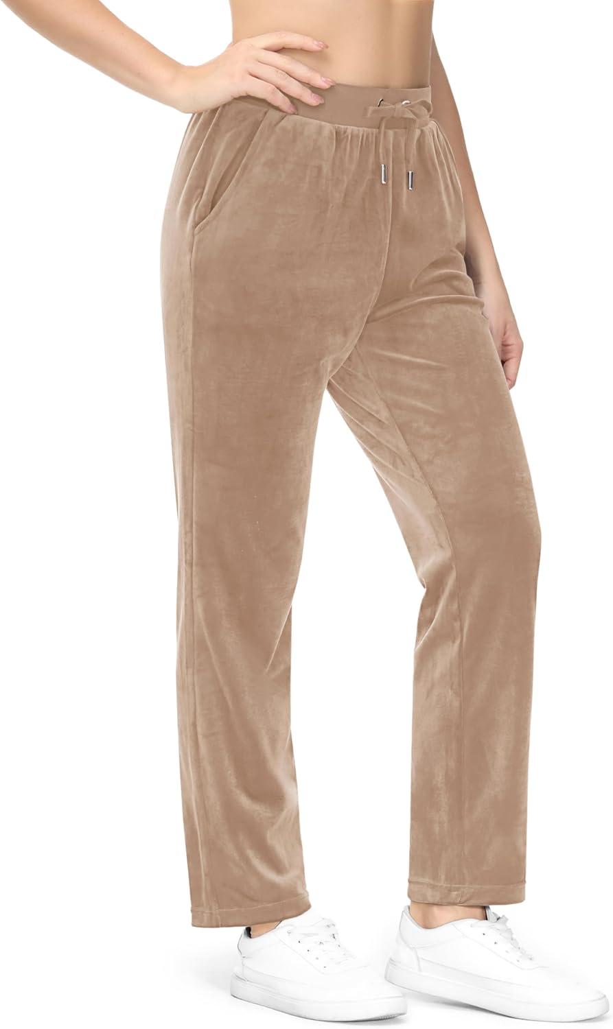 imageMAGCOMSEN Womens Velour Pants Soft Velvet Straight Leg Sweatpants Elastic Waist Warm Lounge Pant with PocketsLight Brown