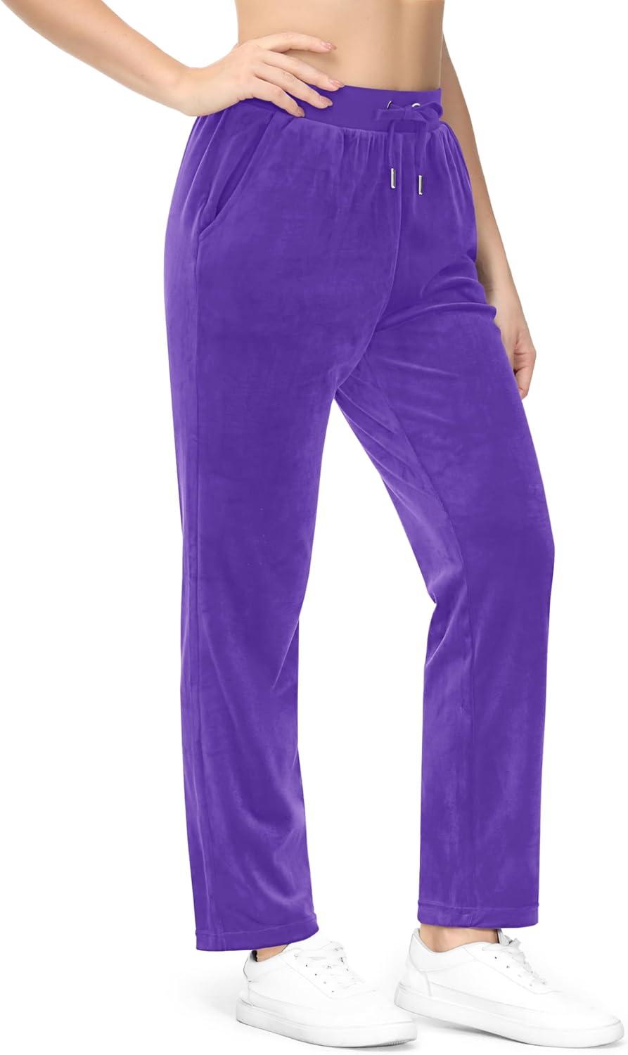 imageMAGCOMSEN Womens Velour Pants Soft Velvet Straight Leg Sweatpants Elastic Waist Warm Lounge Pant with PocketsLight Purple