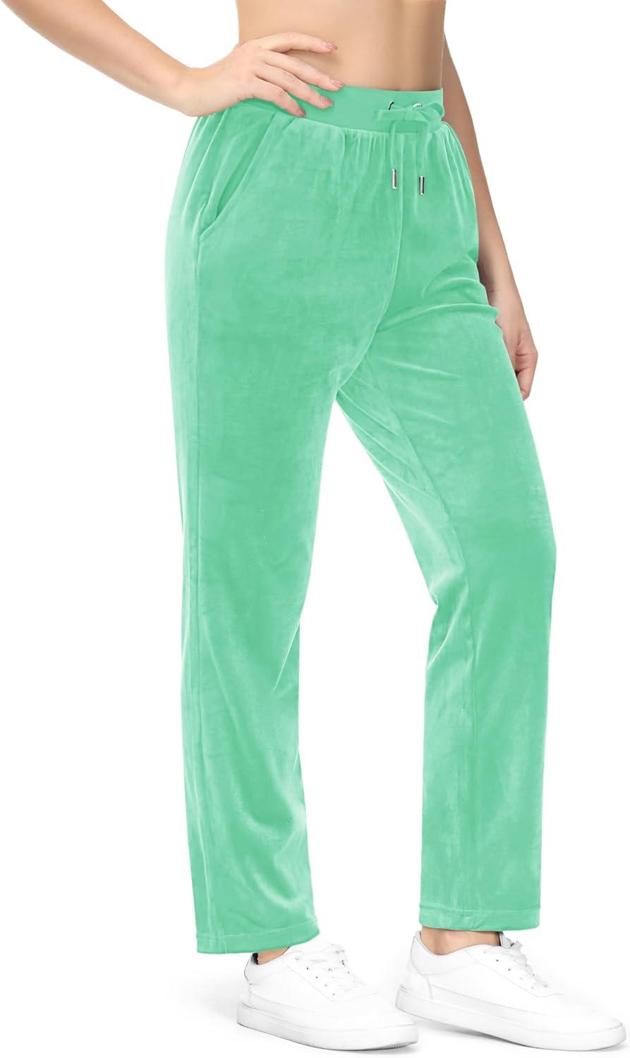 imageMAGCOMSEN Womens Velour Pants Soft Velvet Straight Leg Sweatpants Elastic Waist Warm Lounge Pant with PocketsMint Green