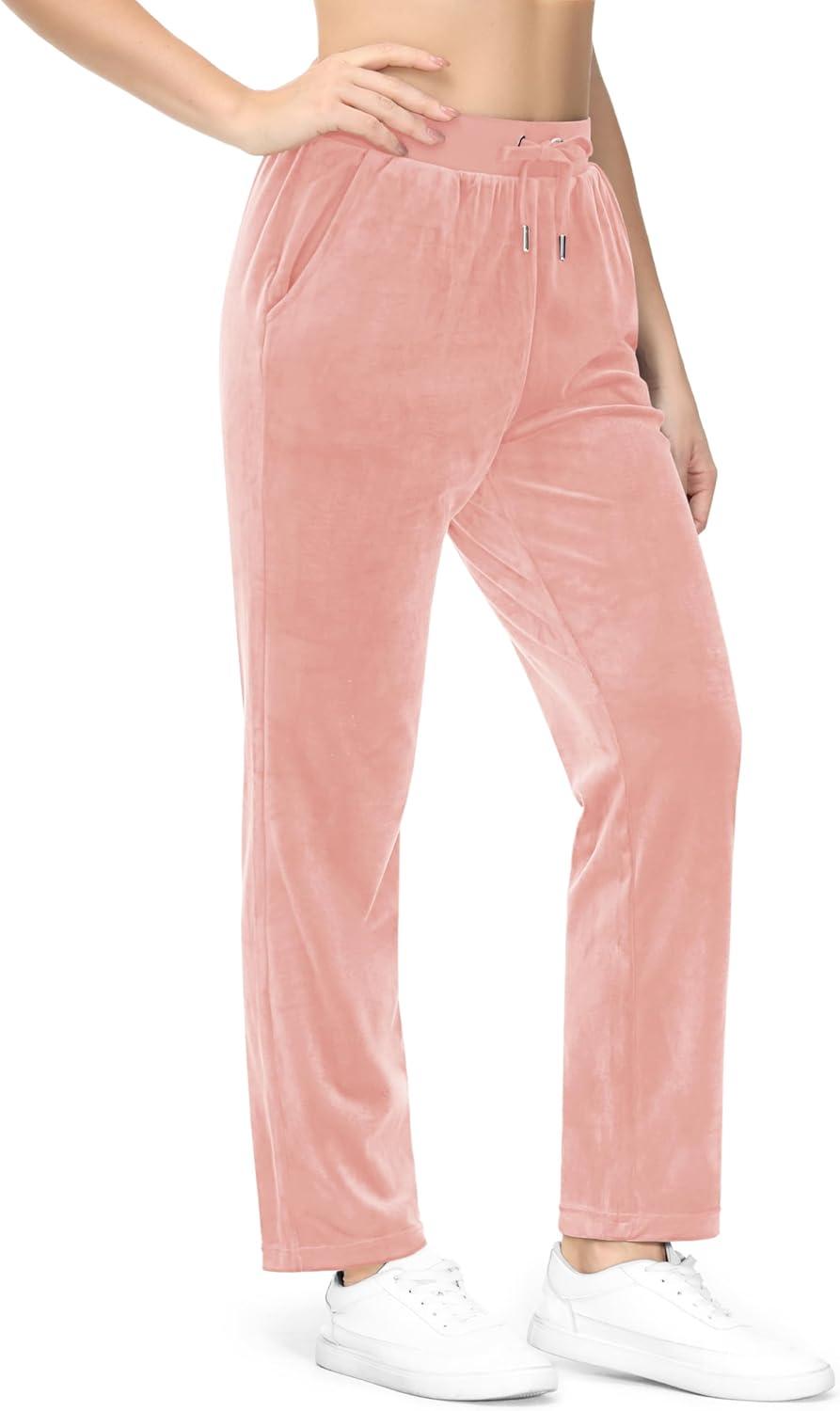 imageMAGCOMSEN Womens Velour Pants Soft Velvet Straight Leg Sweatpants Elastic Waist Warm Lounge Pant with PocketsPink