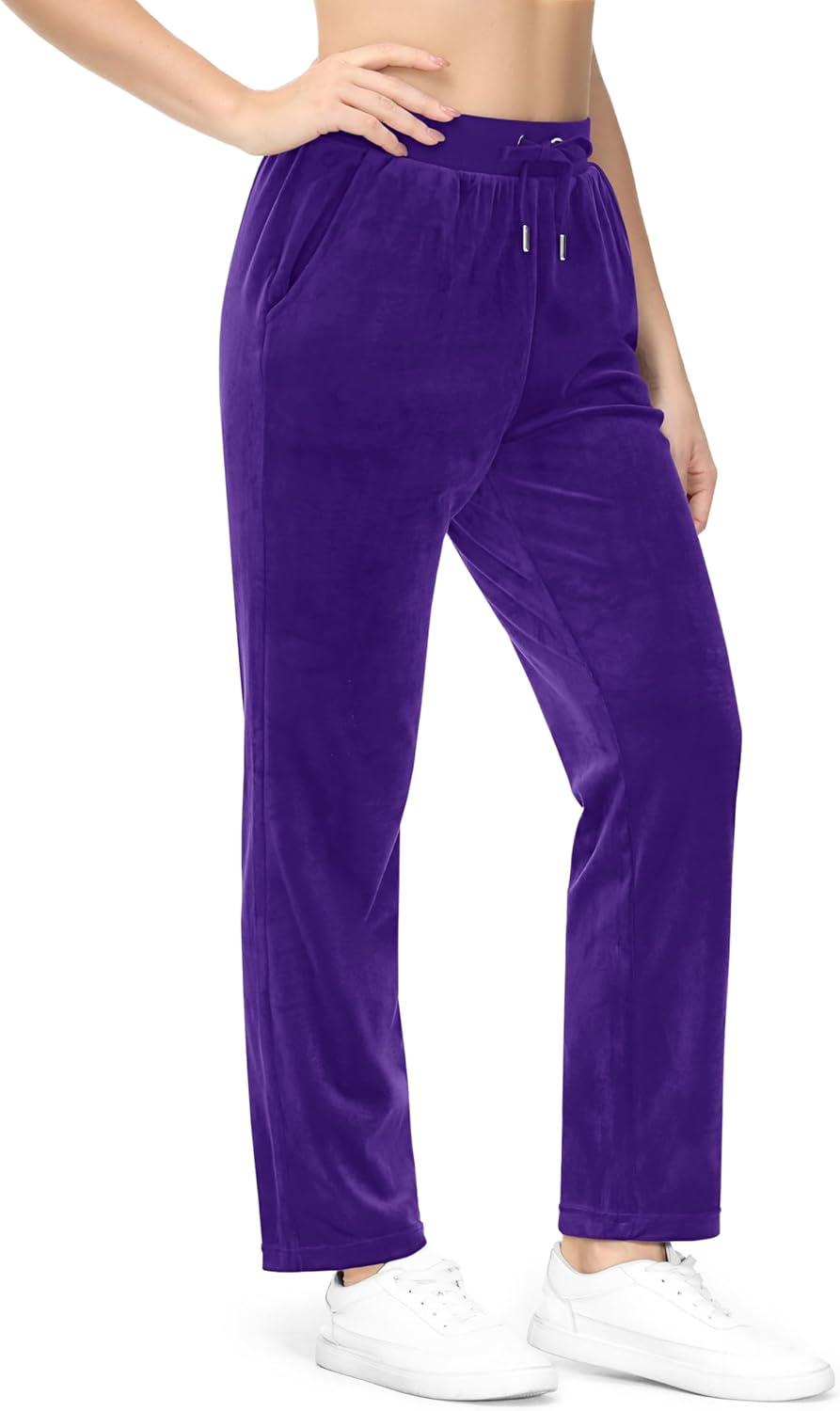 imageMAGCOMSEN Womens Velour Pants Soft Velvet Straight Leg Sweatpants Elastic Waist Warm Lounge Pant with PocketsPurple