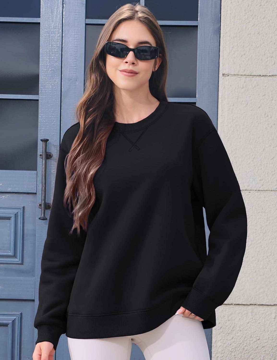 imageMAGCOMSEN Womens Winter Sweatshirts Sherpa Lined Crewneck Fleece Pullover Warm Casual Heavyweight Long Sleeve TopsBlack