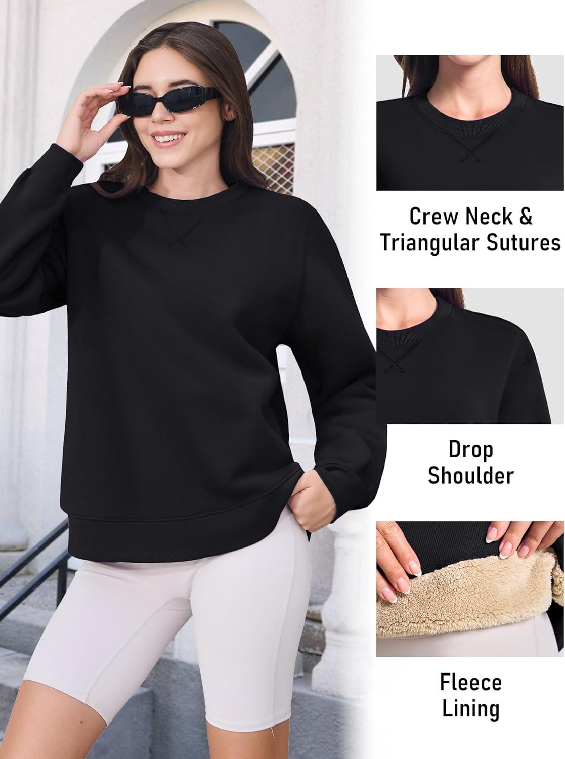 imageMAGCOMSEN Womens Winter Sweatshirts Sherpa Lined Crewneck Fleece Pullover Warm Casual Heavyweight Long Sleeve TopsBlack