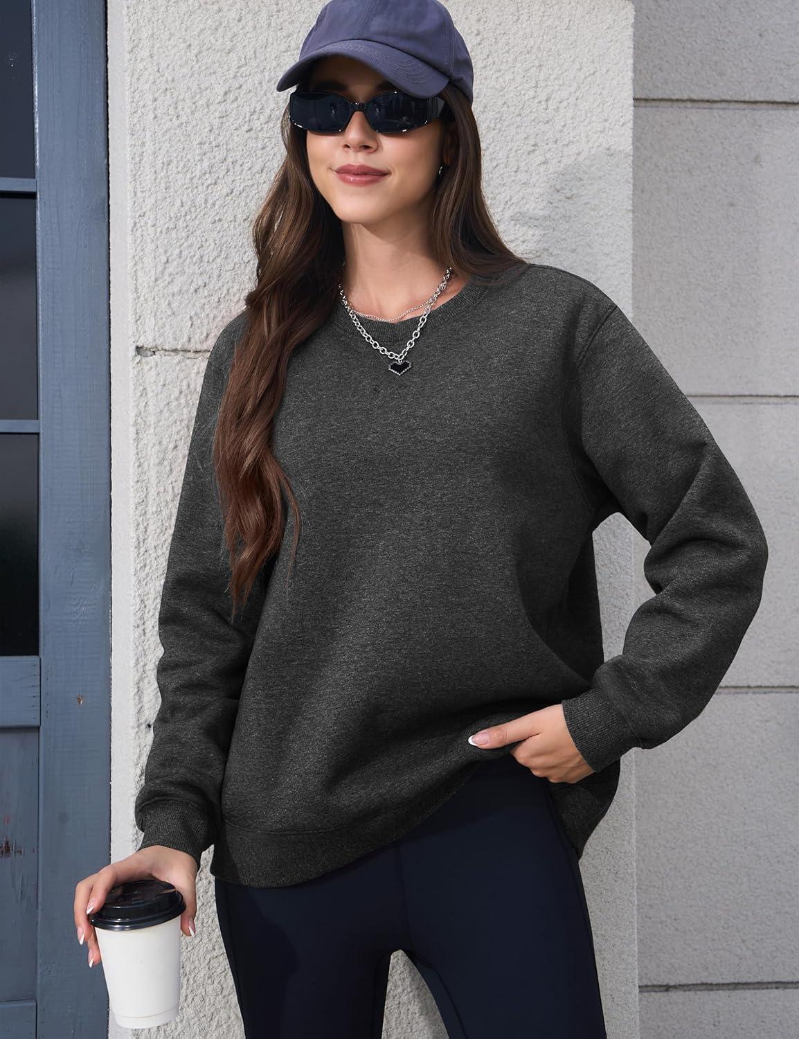 imageMAGCOMSEN Womens Winter Sweatshirts Sherpa Lined Crewneck Fleece Pullover Warm Casual Heavyweight Long Sleeve TopsDark Grey