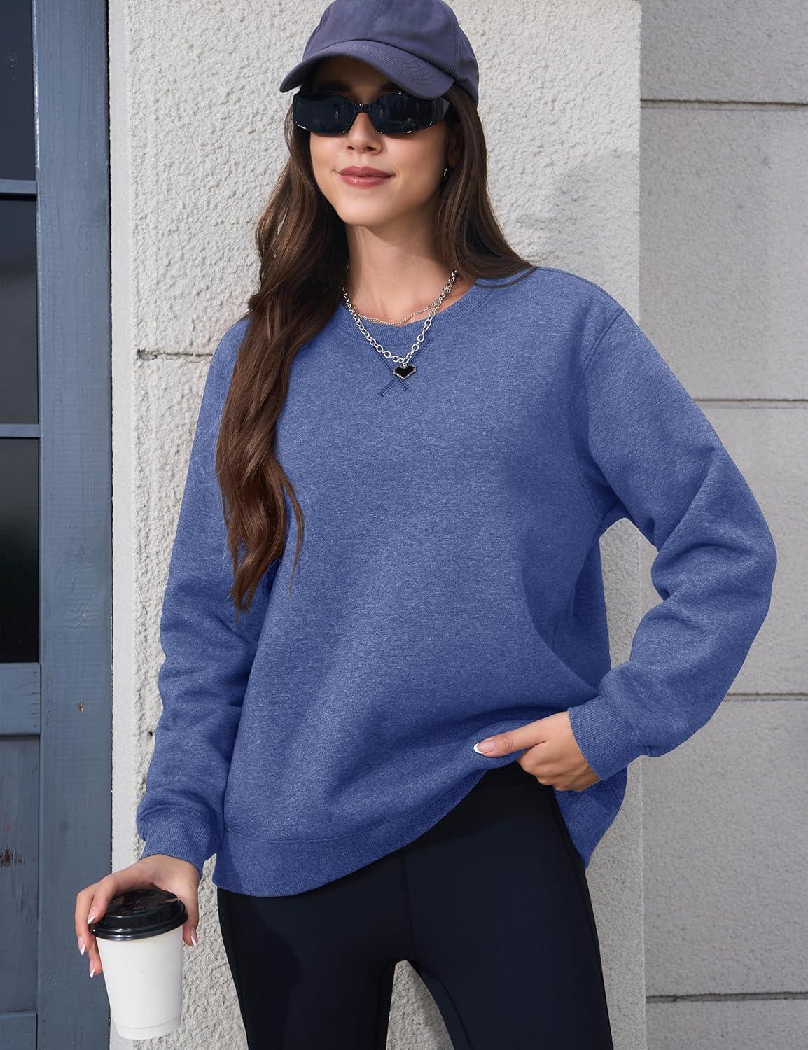 imageMAGCOMSEN Womens Winter Sweatshirts Sherpa Lined Crewneck Fleece Pullover Warm Casual Heavyweight Long Sleeve TopsGrey Blue