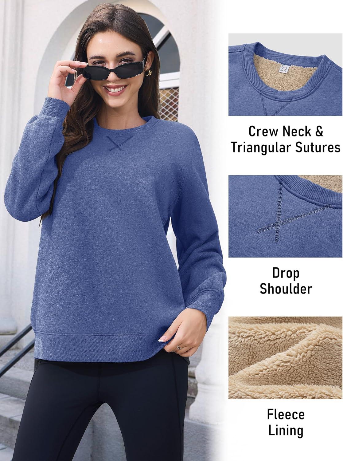 imageMAGCOMSEN Womens Winter Sweatshirts Sherpa Lined Crewneck Fleece Pullover Warm Casual Heavyweight Long Sleeve TopsGrey Blue