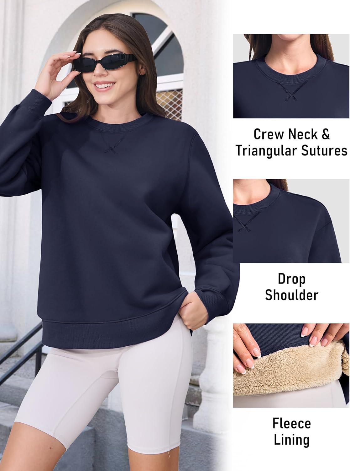 imageMAGCOMSEN Womens Winter Sweatshirts Sherpa Lined Crewneck Fleece Pullover Warm Casual Heavyweight Long Sleeve TopsNavy