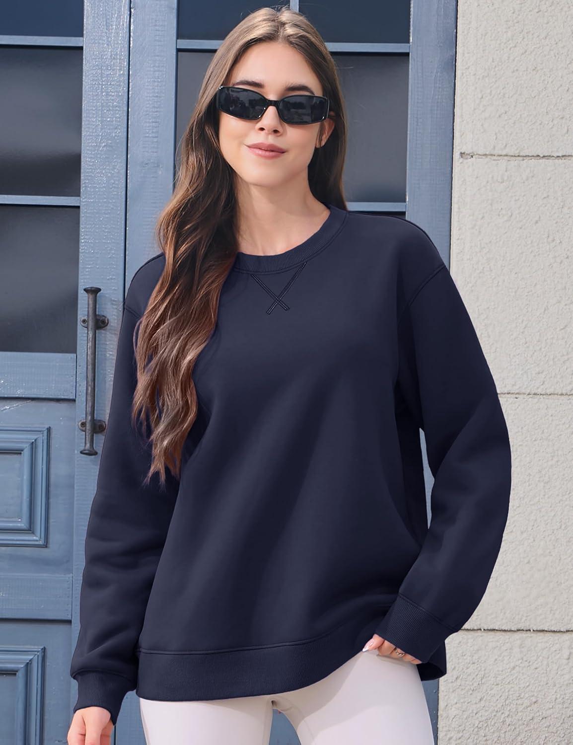 imageMAGCOMSEN Womens Winter Sweatshirts Sherpa Lined Crewneck Fleece Pullover Warm Casual Heavyweight Long Sleeve TopsNavy