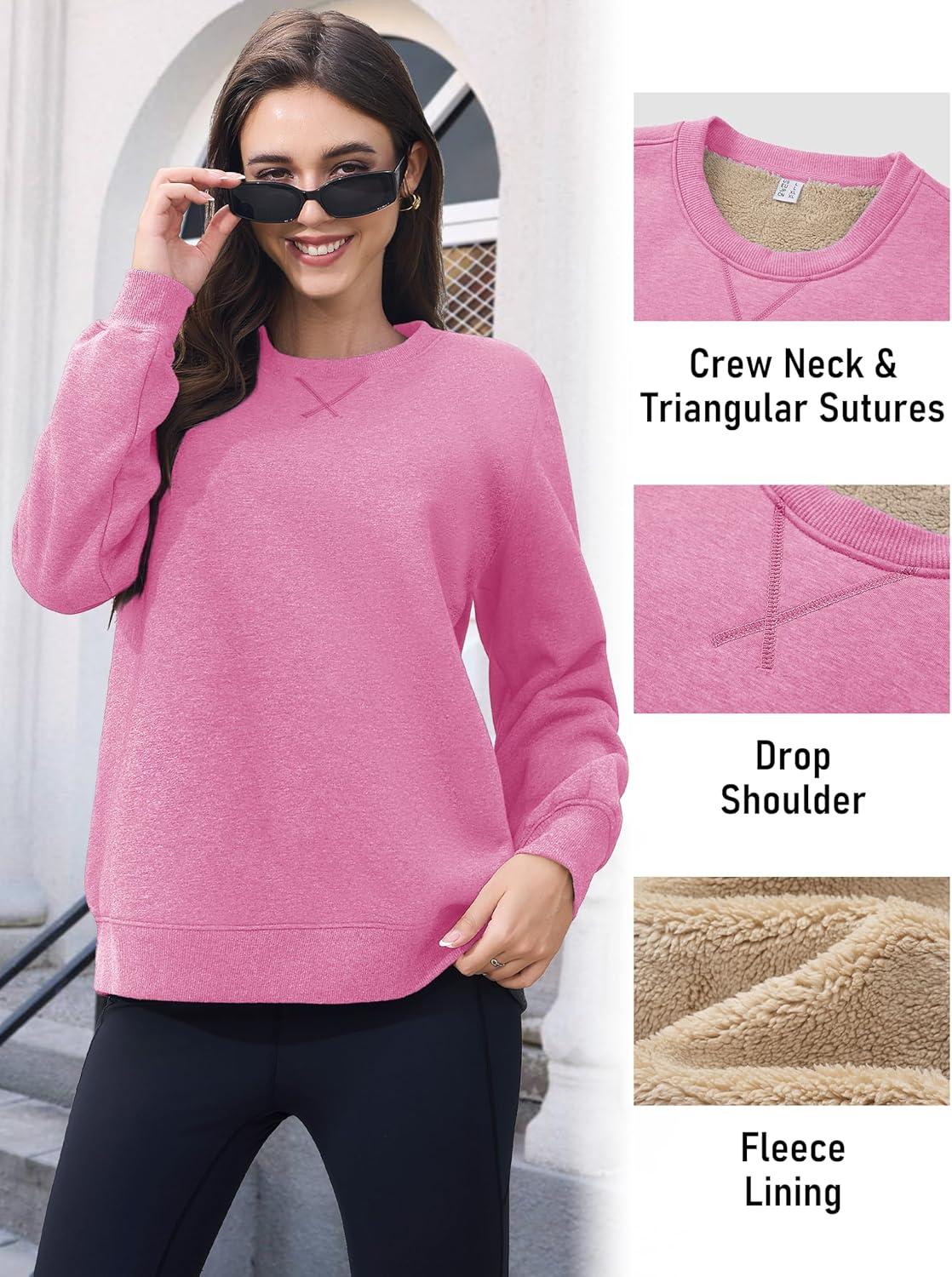 imageMAGCOMSEN Womens Winter Sweatshirts Sherpa Lined Crewneck Fleece Pullover Warm Casual Heavyweight Long Sleeve TopsPink Grey