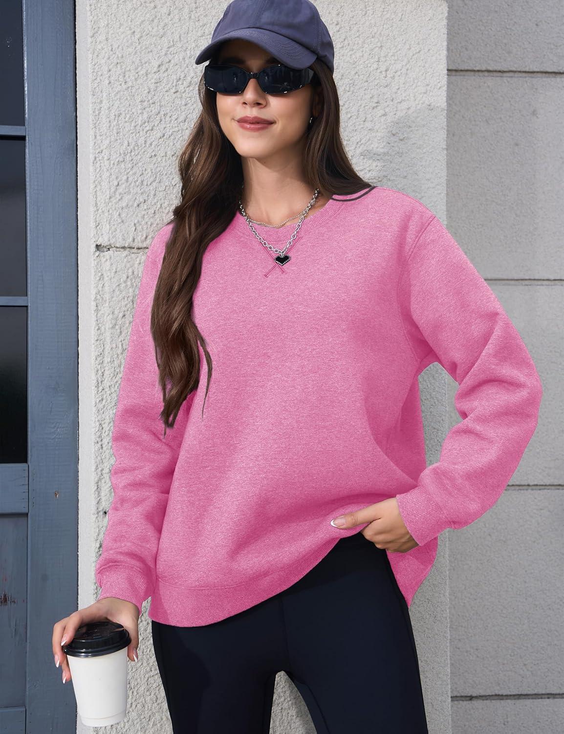 imageMAGCOMSEN Womens Winter Sweatshirts Sherpa Lined Crewneck Fleece Pullover Warm Casual Heavyweight Long Sleeve TopsPink Grey