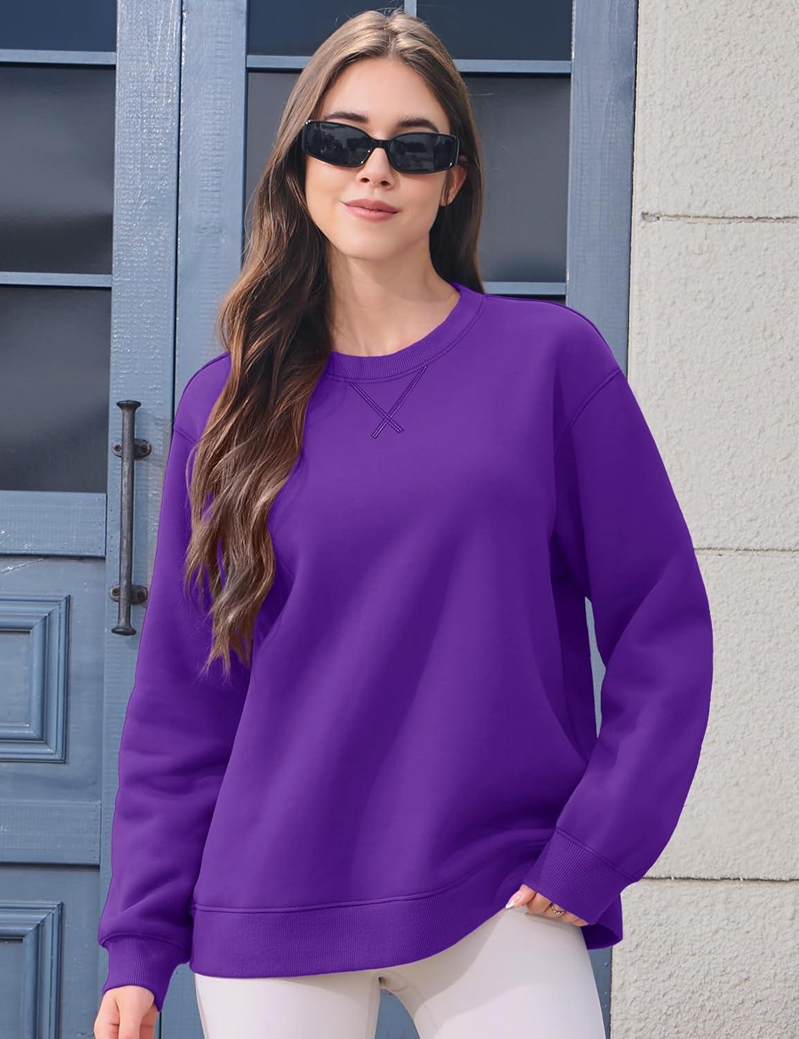 imageMAGCOMSEN Womens Winter Sweatshirts Sherpa Lined Crewneck Fleece Pullover Warm Casual Heavyweight Long Sleeve TopsPurple