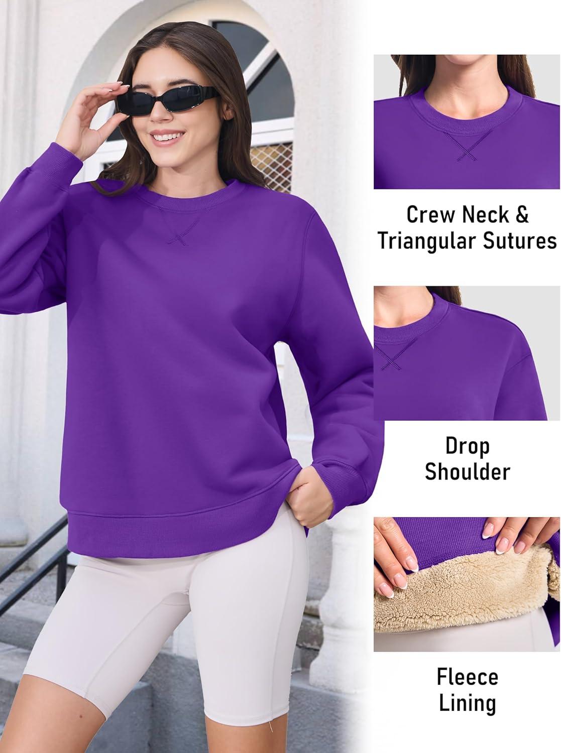 imageMAGCOMSEN Womens Winter Sweatshirts Sherpa Lined Crewneck Fleece Pullover Warm Casual Heavyweight Long Sleeve TopsPurple