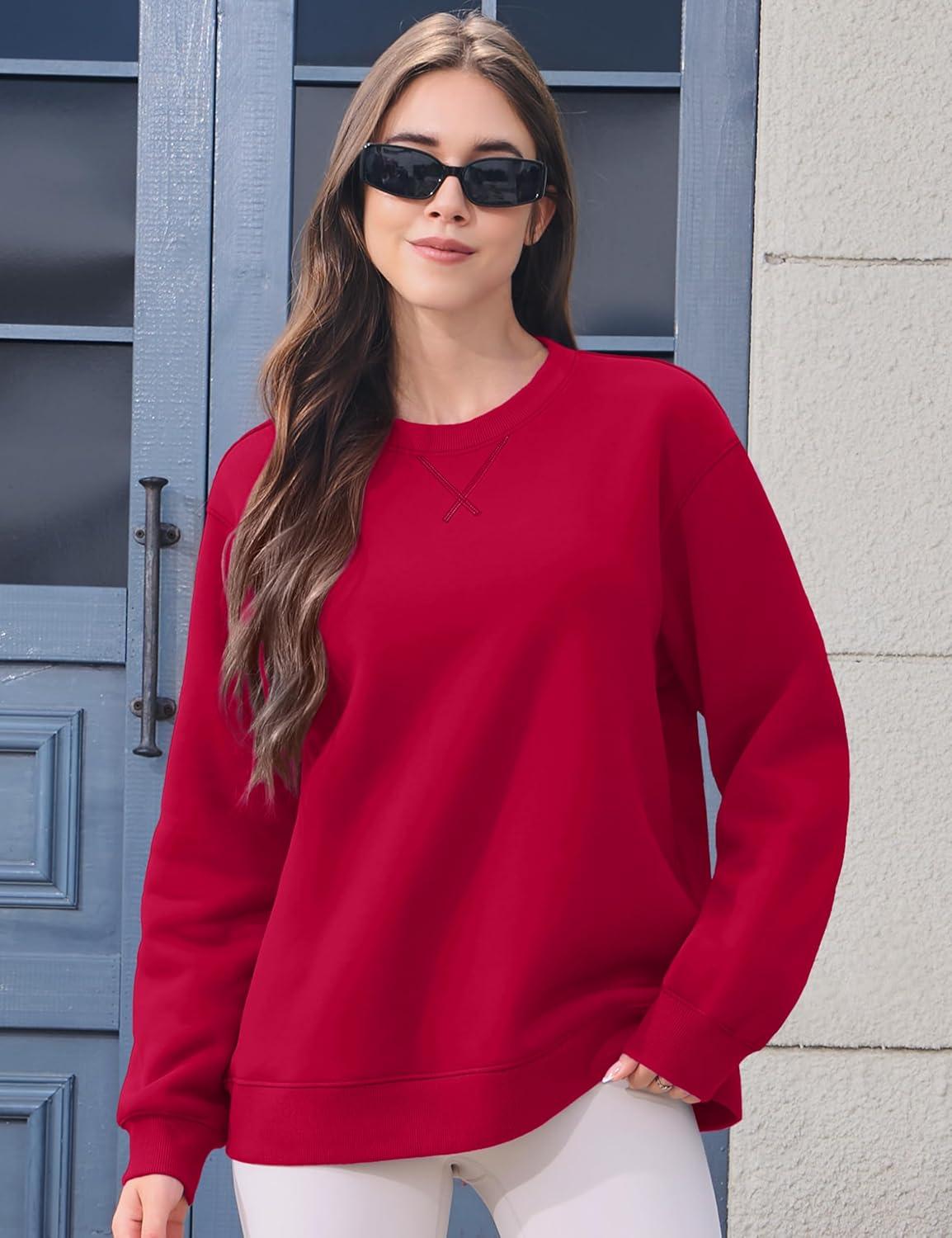 imageMAGCOMSEN Womens Winter Sweatshirts Sherpa Lined Crewneck Fleece Pullover Warm Casual Heavyweight Long Sleeve TopsTomato Red