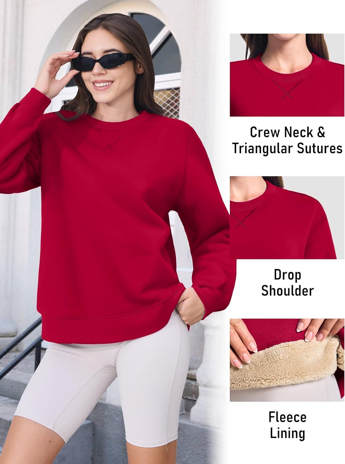 imageMAGCOMSEN Womens Winter Sweatshirts Sherpa Lined Crewneck Fleece Pullover Warm Casual Heavyweight Long Sleeve TopsTomato Red