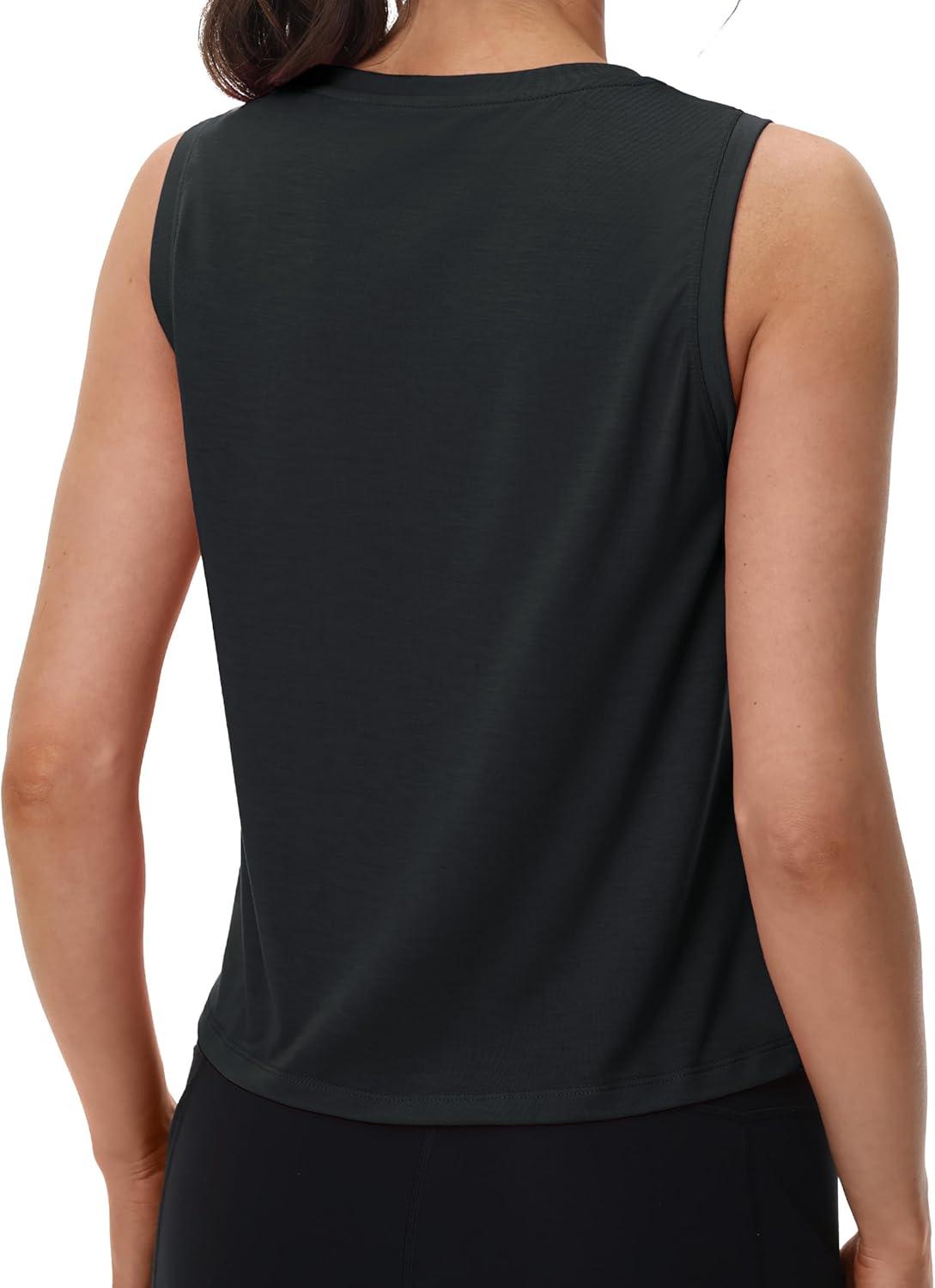 imageMAGCOMSEN Womens Workout Tank Tops Crop Sleeveless Athletic Moisture Wicking Loose Fit Summer ShirtBlack