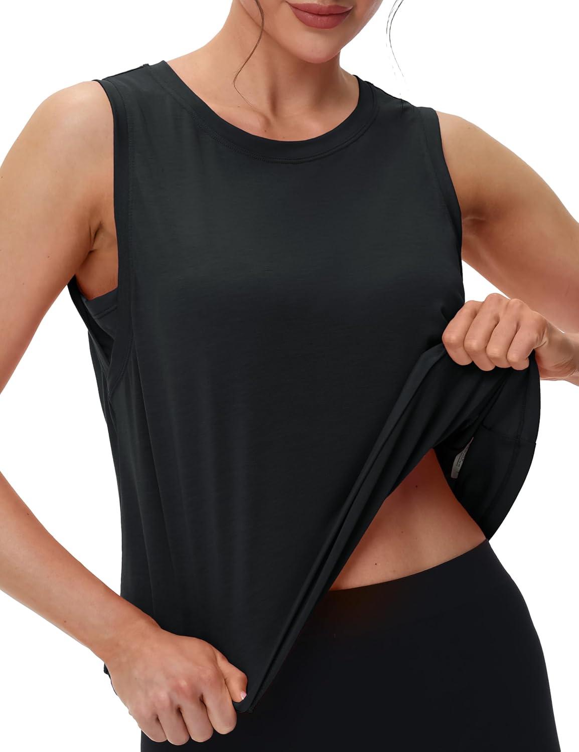 imageMAGCOMSEN Womens Workout Tank Tops Crop Sleeveless Athletic Moisture Wicking Loose Fit Summer ShirtBlack