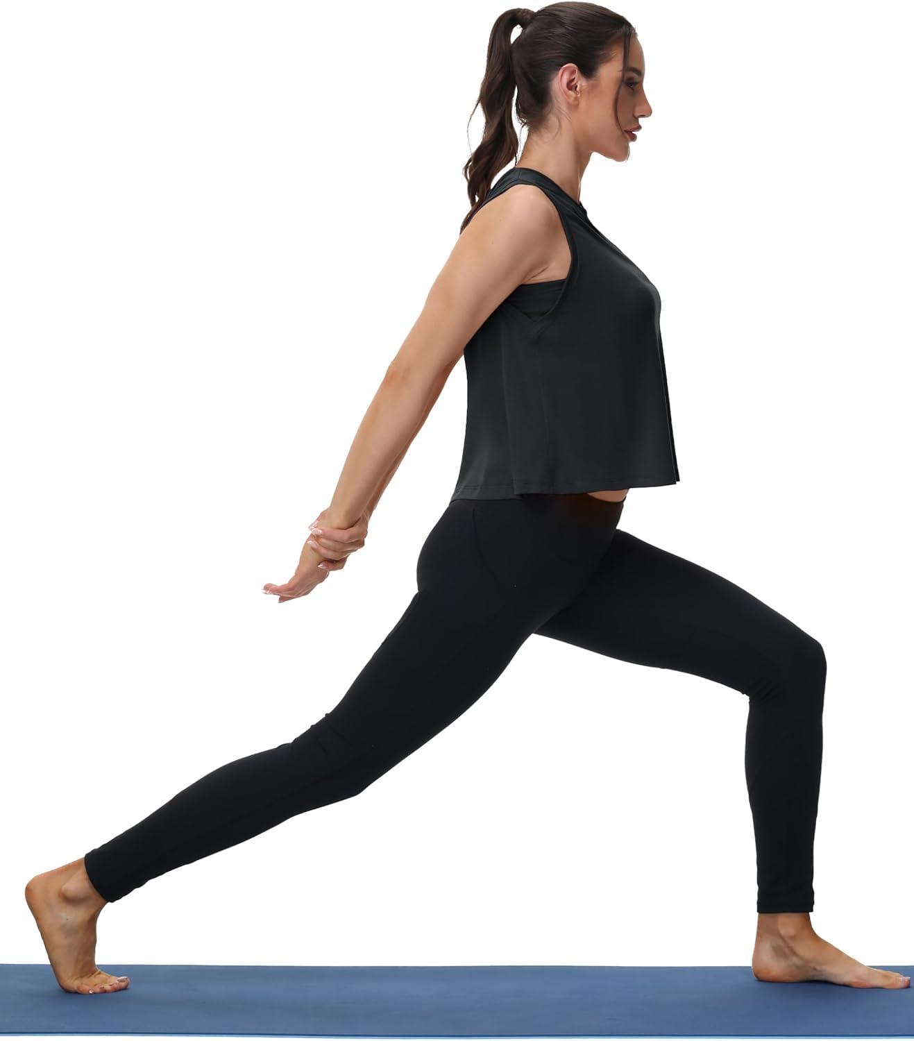 imageMAGCOMSEN Womens Workout Tank Tops Crop Sleeveless Athletic Moisture Wicking Loose Fit Summer ShirtBlack