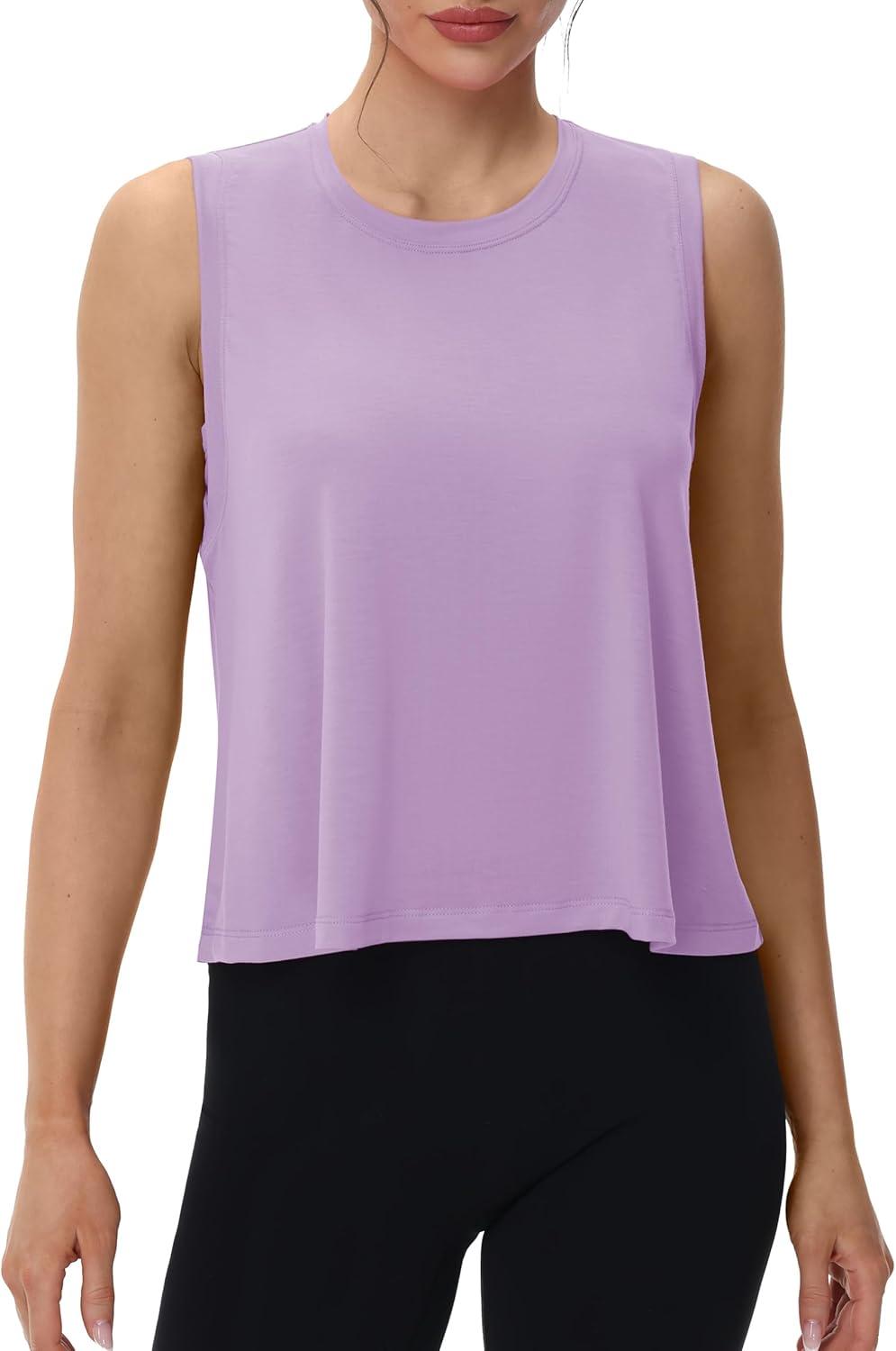 imageMAGCOMSEN Womens Workout Tank Tops Crop Sleeveless Athletic Moisture Wicking Loose Fit Summer ShirtLightpurple