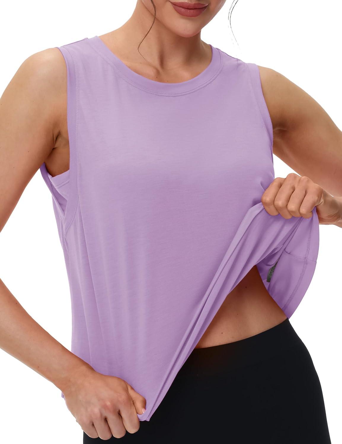 imageMAGCOMSEN Womens Workout Tank Tops Crop Sleeveless Athletic Moisture Wicking Loose Fit Summer ShirtLightpurple