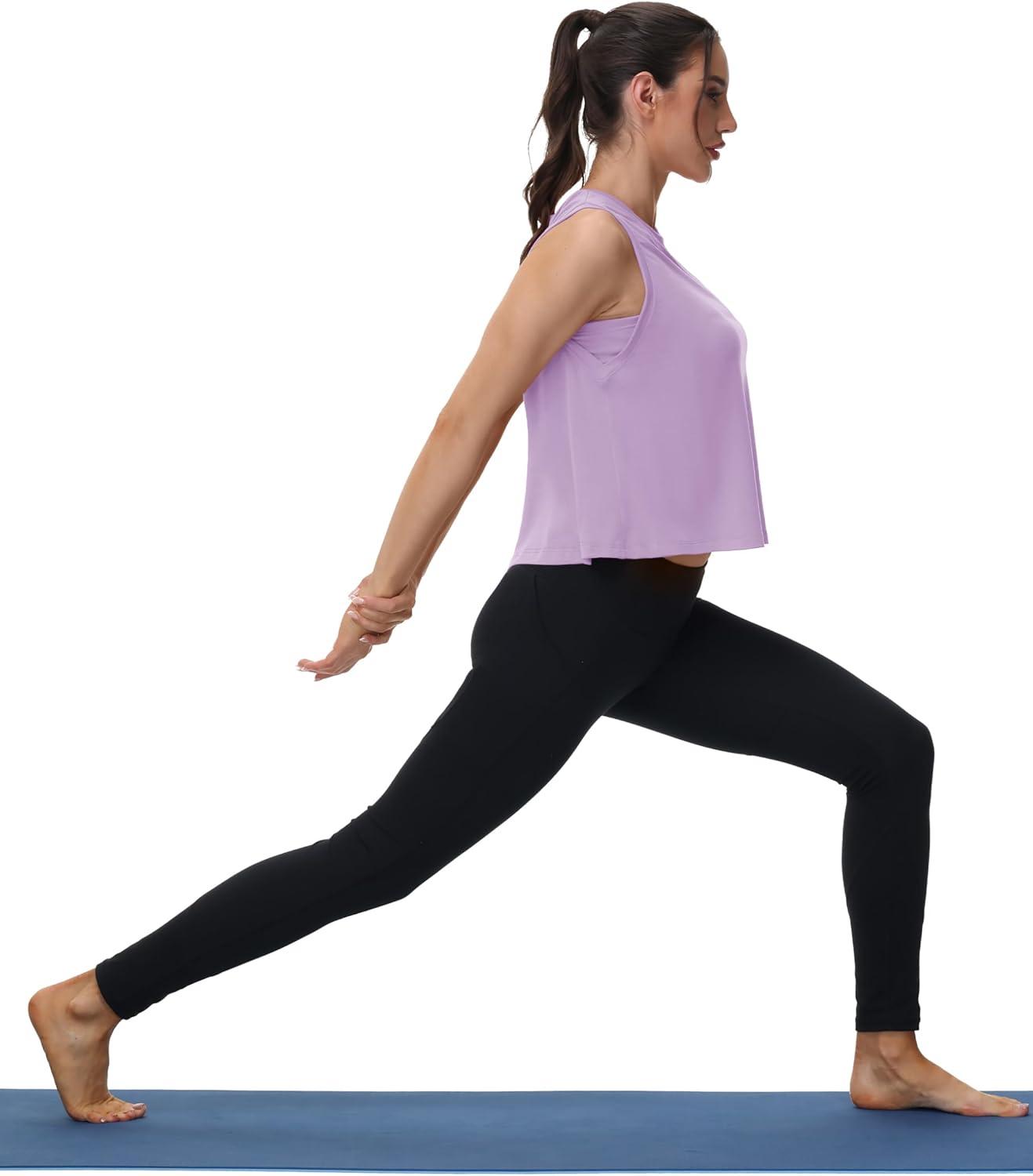 imageMAGCOMSEN Womens Workout Tank Tops Crop Sleeveless Athletic Moisture Wicking Loose Fit Summer ShirtLightpurple