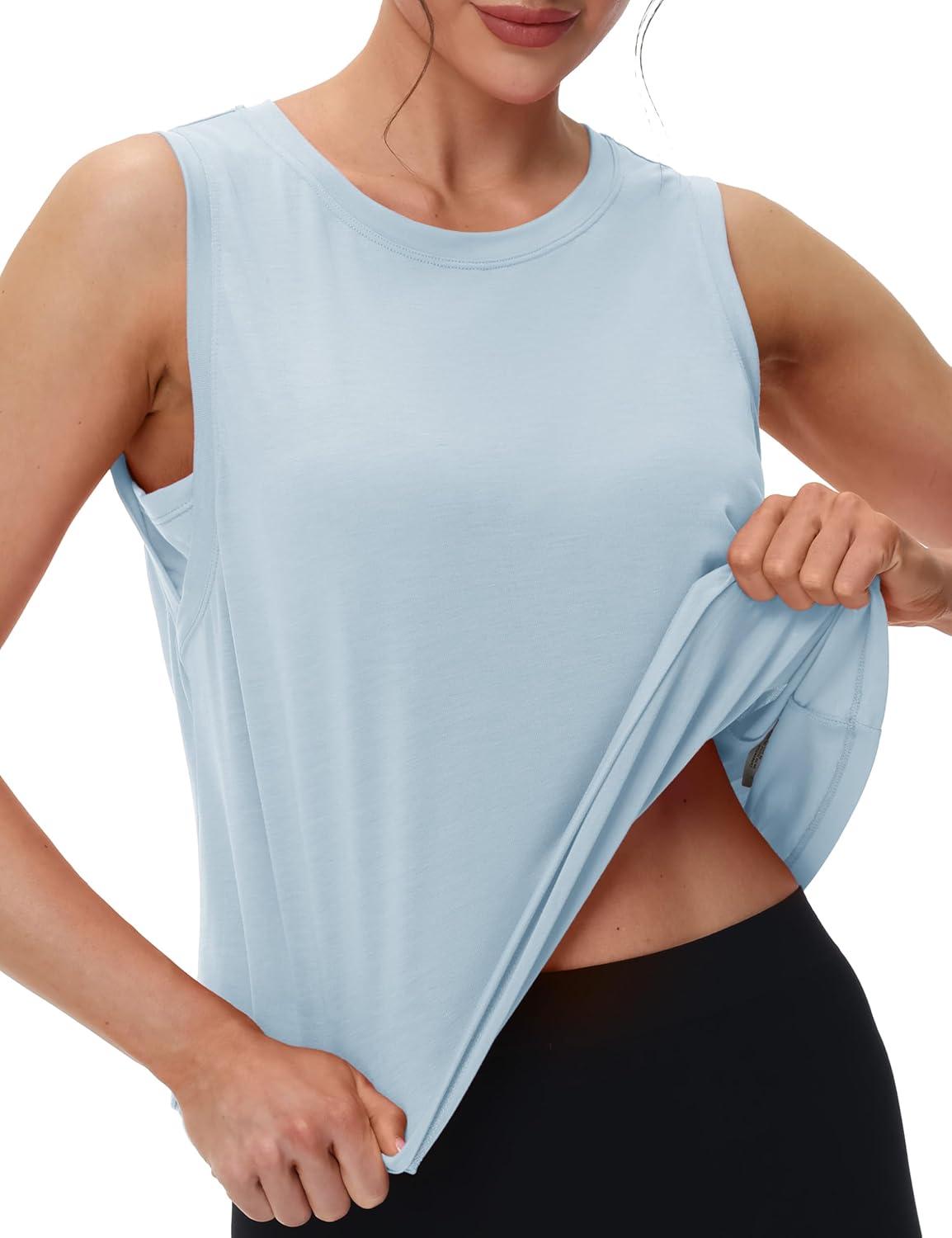 imageMAGCOMSEN Womens Workout Tank Tops Crop Sleeveless Athletic Moisture Wicking Loose Fit Summer ShirtLsblue