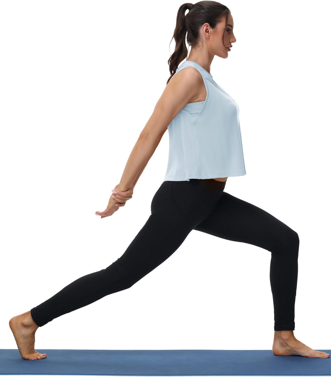 imageMAGCOMSEN Womens Workout Tank Tops Crop Sleeveless Athletic Moisture Wicking Loose Fit Summer ShirtLsblue