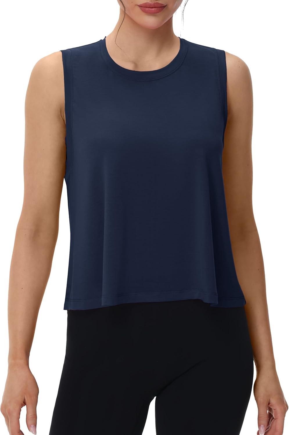 imageMAGCOMSEN Womens Workout Tank Tops Crop Sleeveless Athletic Moisture Wicking Loose Fit Summer ShirtNavyblue