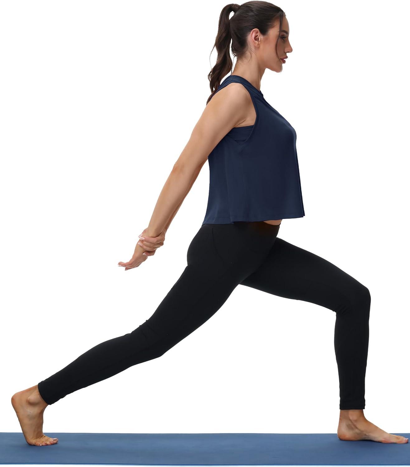 imageMAGCOMSEN Womens Workout Tank Tops Crop Sleeveless Athletic Moisture Wicking Loose Fit Summer ShirtNavyblue