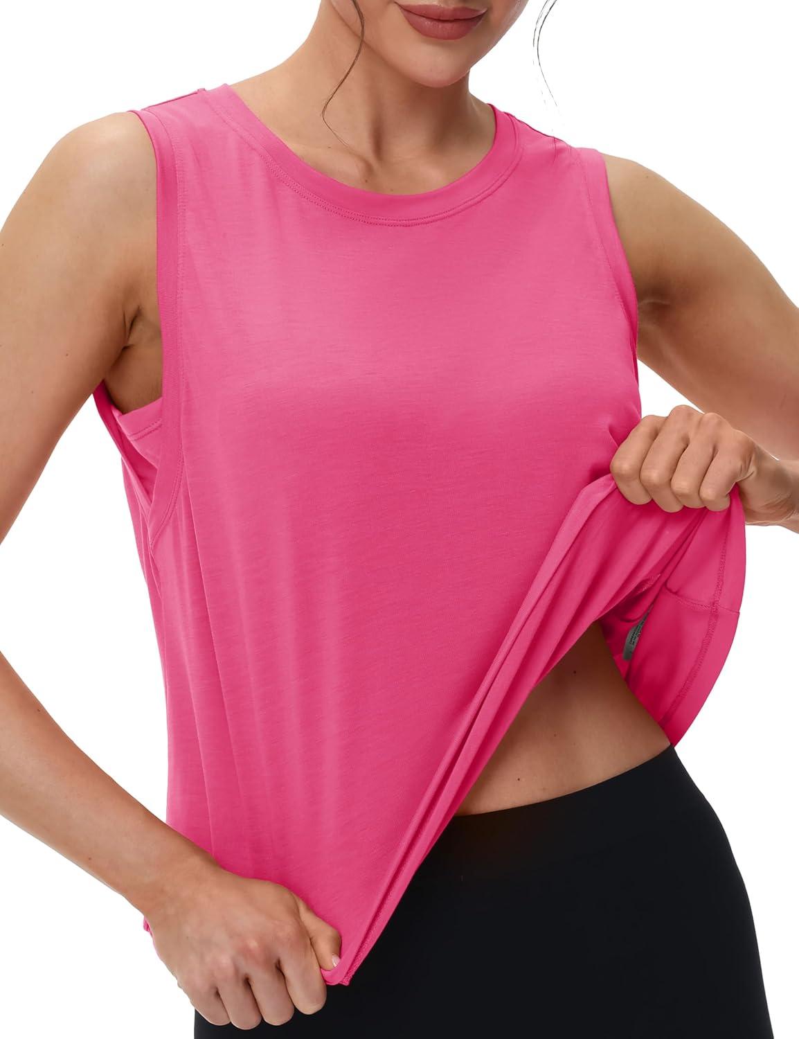 imageMAGCOMSEN Womens Workout Tank Tops Crop Sleeveless Athletic Moisture Wicking Loose Fit Summer ShirtRosered